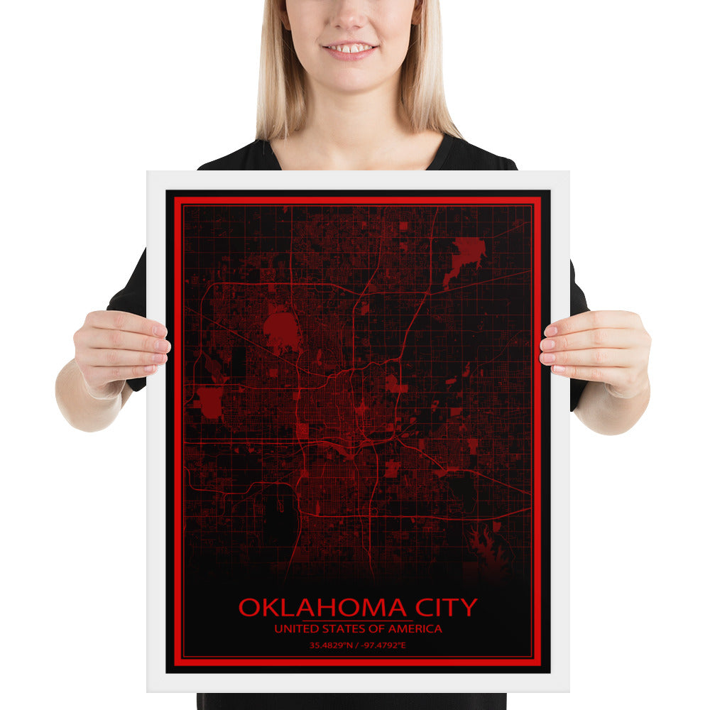 Oklahoma City Black and Red Framed Map