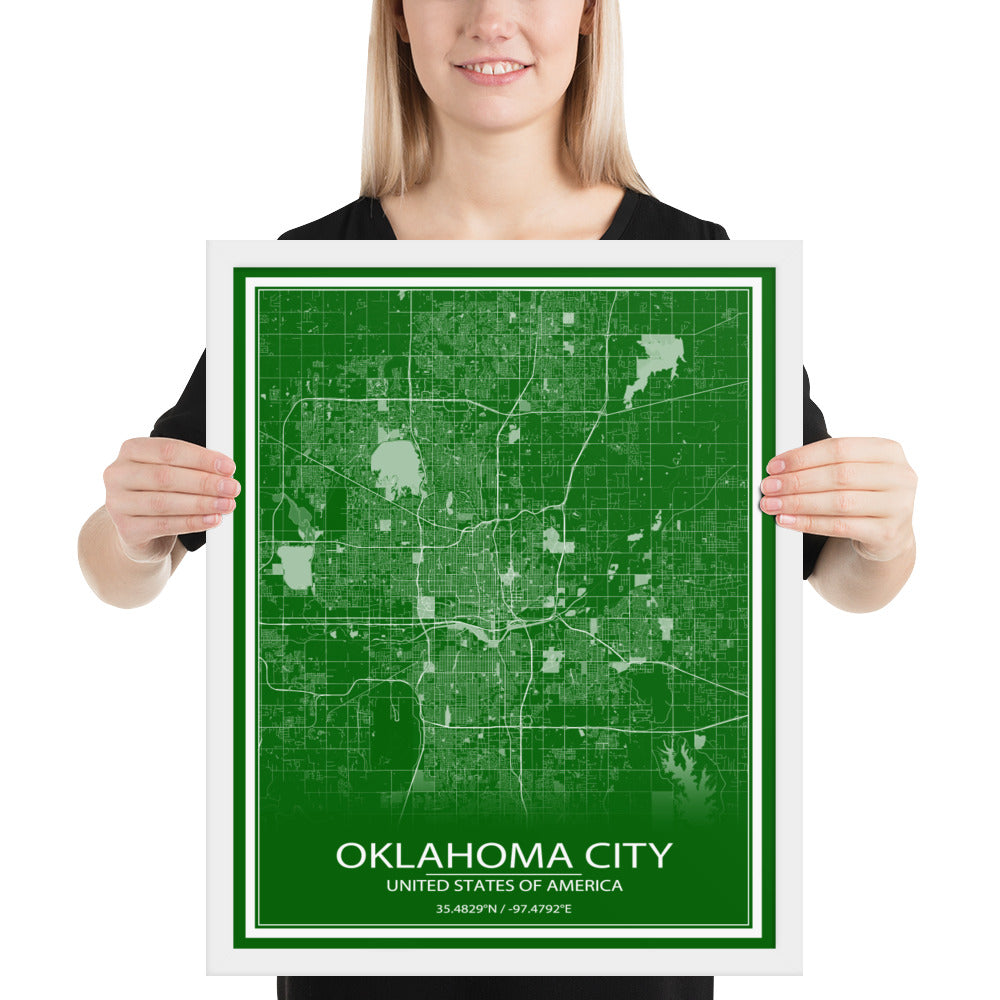 Oklahoma City Green and White Framed Map