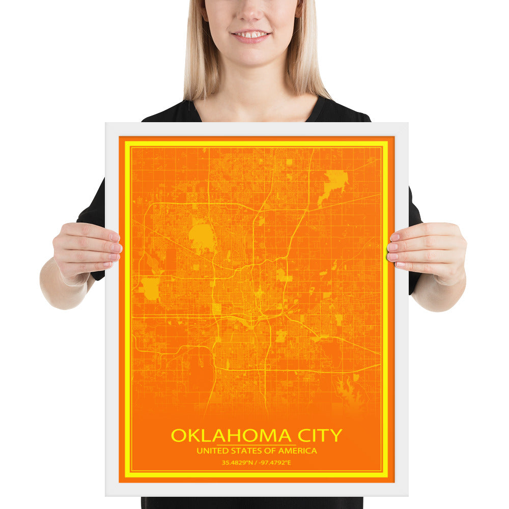 Oklahoma City Orange and Yellow Framed Map