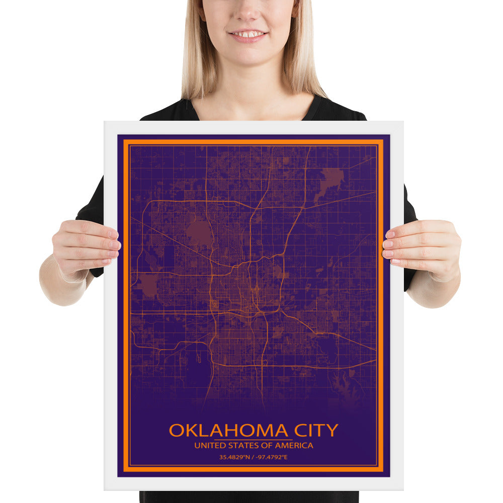 Oklahoma City Purple and Orange Framed Map