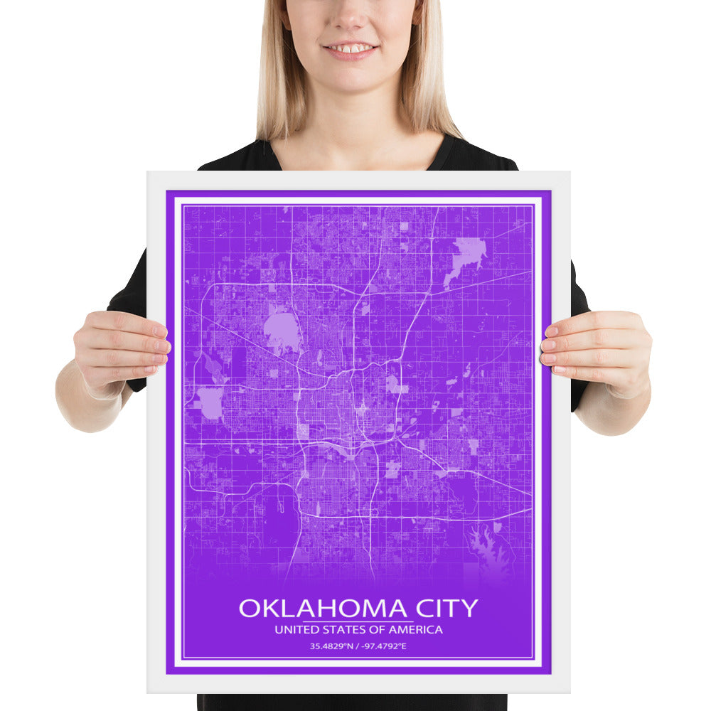 Oklahoma City Purple and White Framed Map