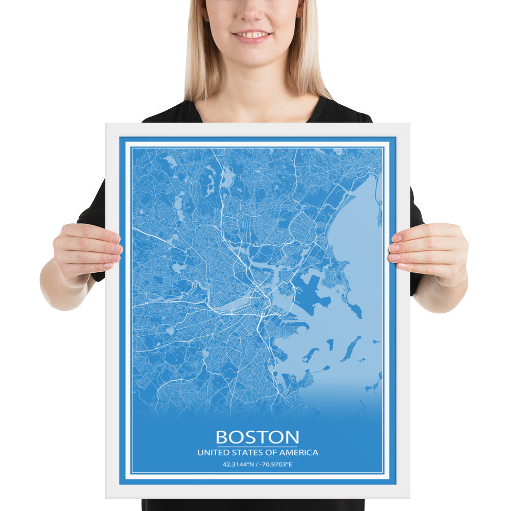 Boston Blue and White Framed Map