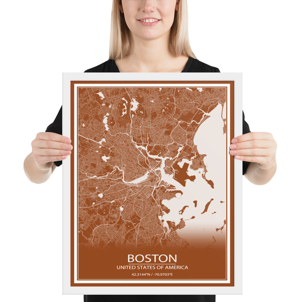 Boston Brown and White Framed Map