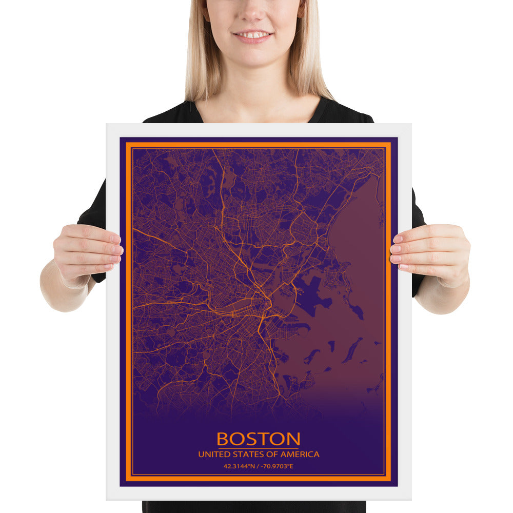 Boston Purple and Orange Framed Map