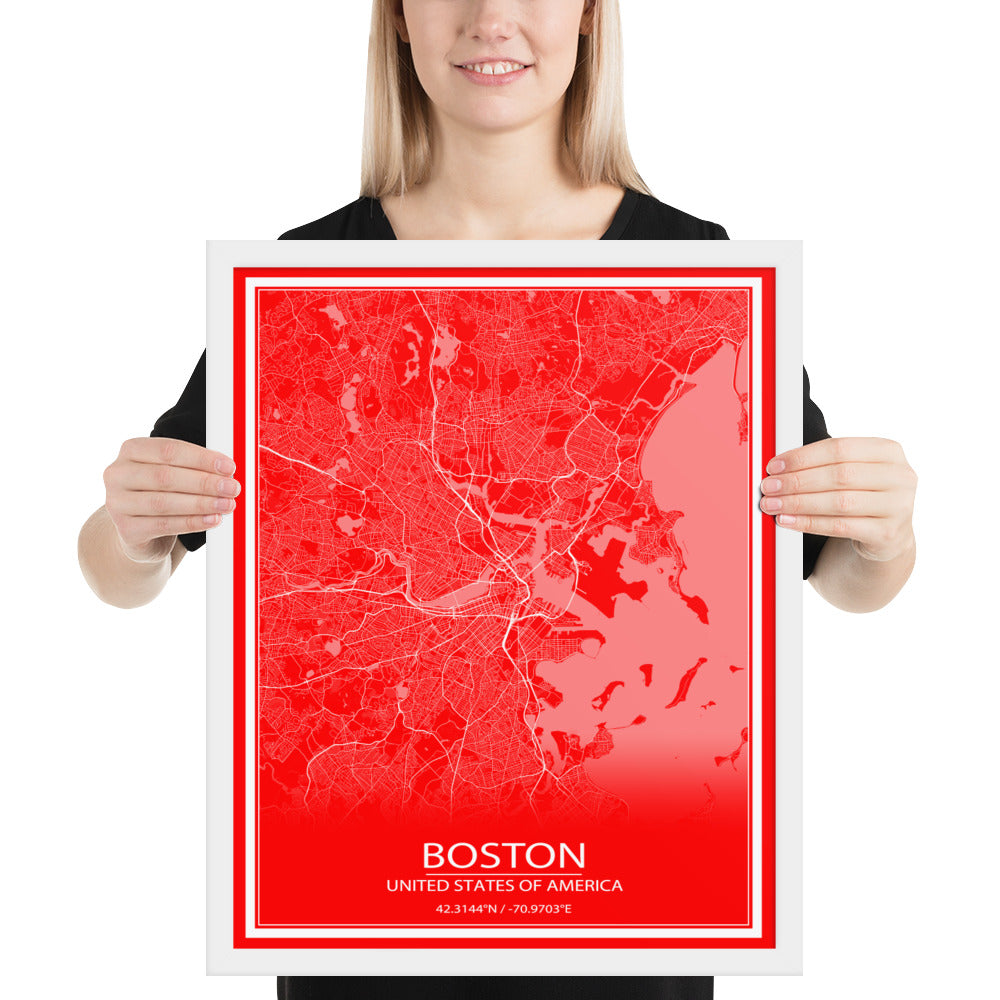 Boston Red and White Framed Map