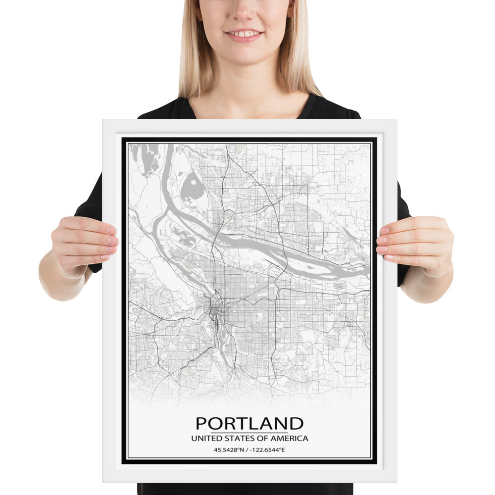 Portland White Framed Map