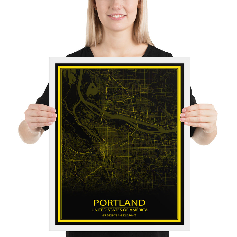 Portland Black and Yellow Framed Map