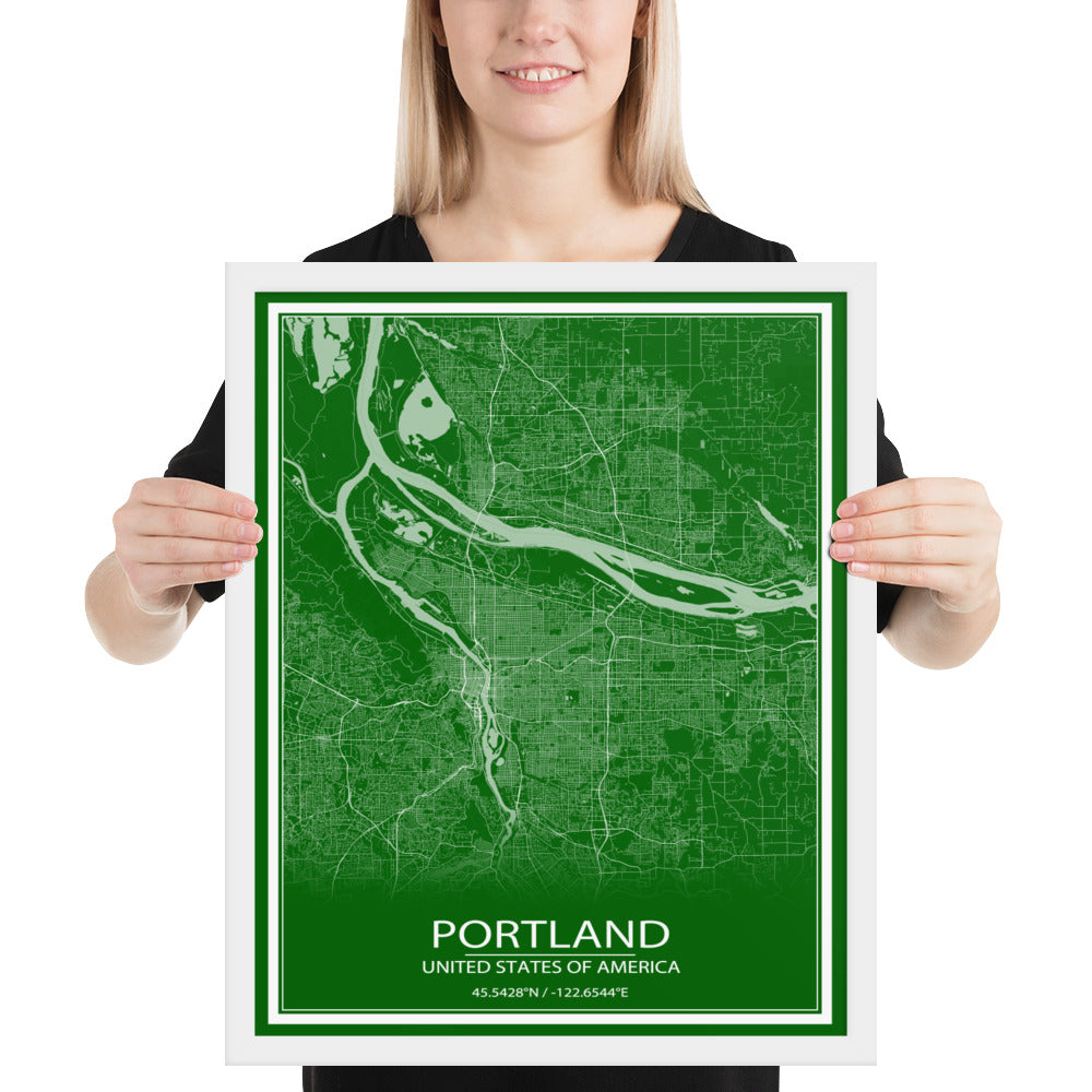 Portland Green and White Framed Map