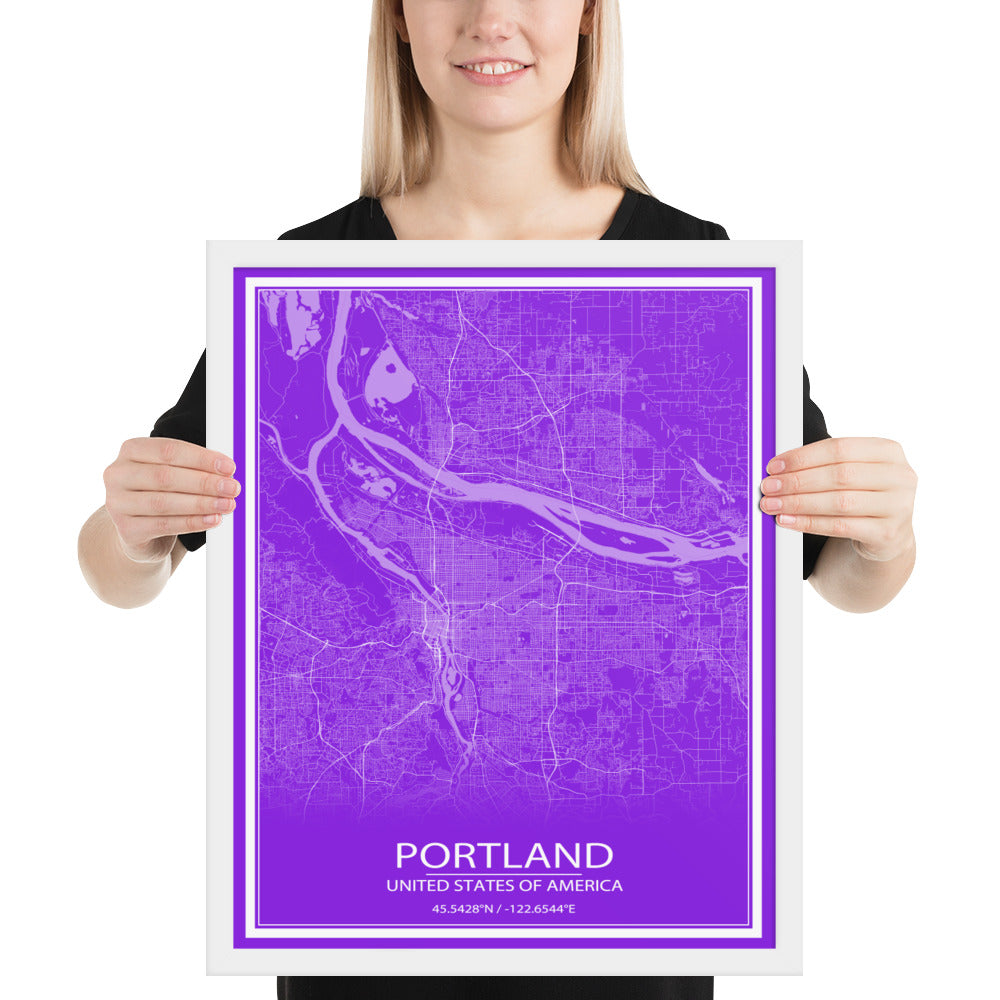 Portland Purple and White Framed Map