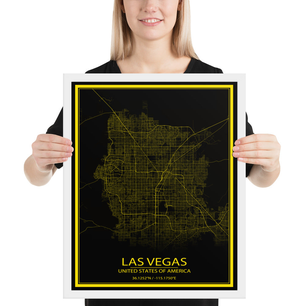 Las Vegas Black and Yellow Framed Map