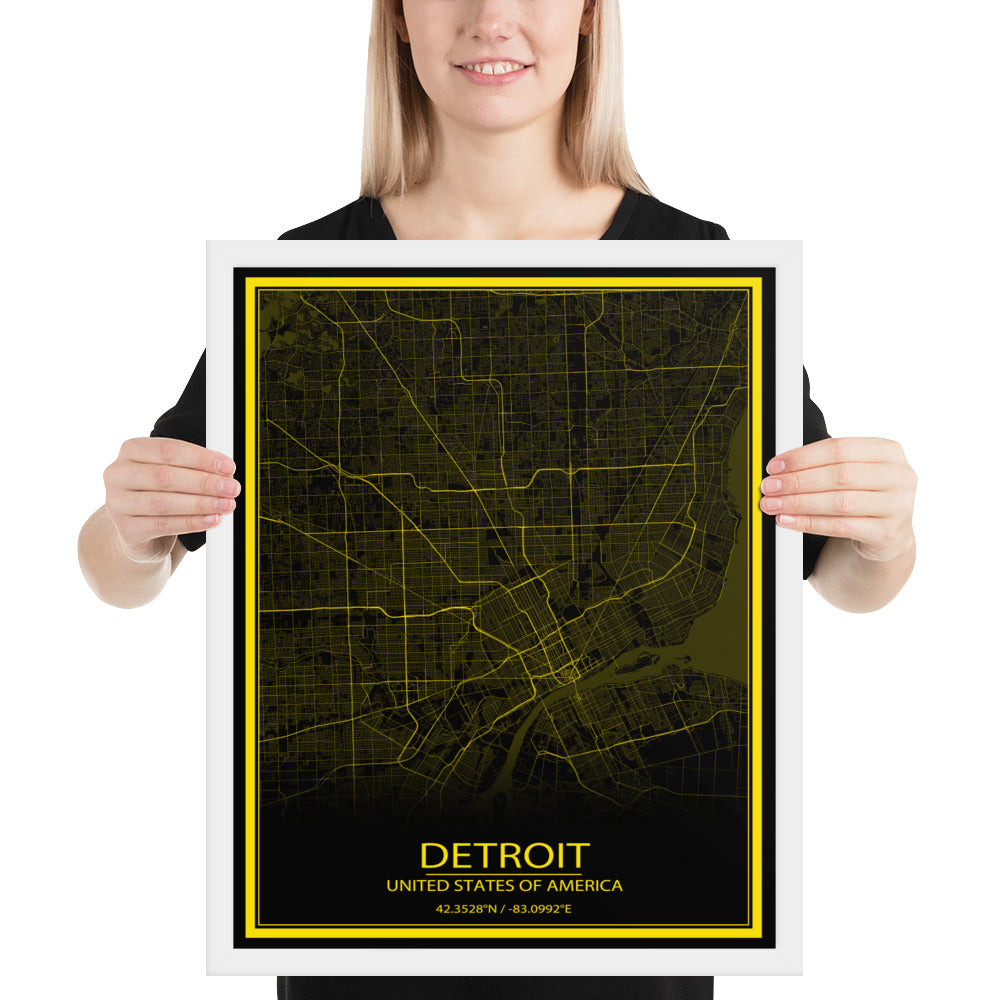 Detroit Black and Yellow Framed Map