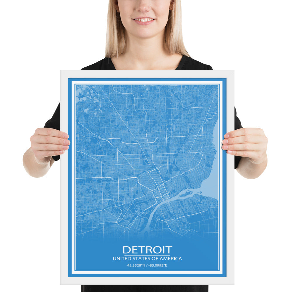 Detroit Blue and White Framed Map