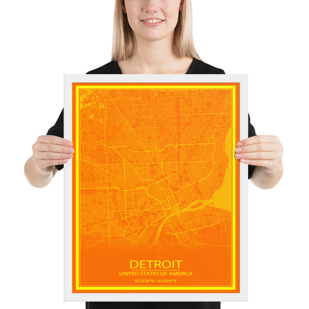 Detroit Orange and Yellow Framed Map