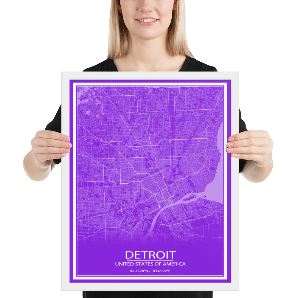 Detroit Purple and White Framed Map