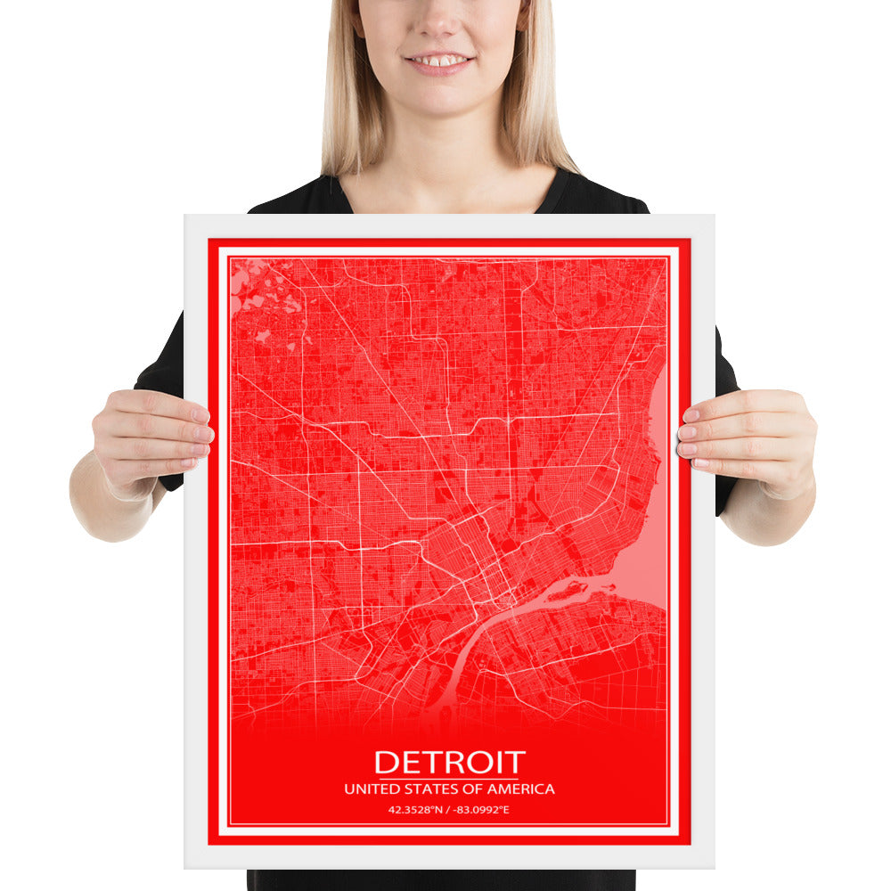 Detroit Red and White Framed Map