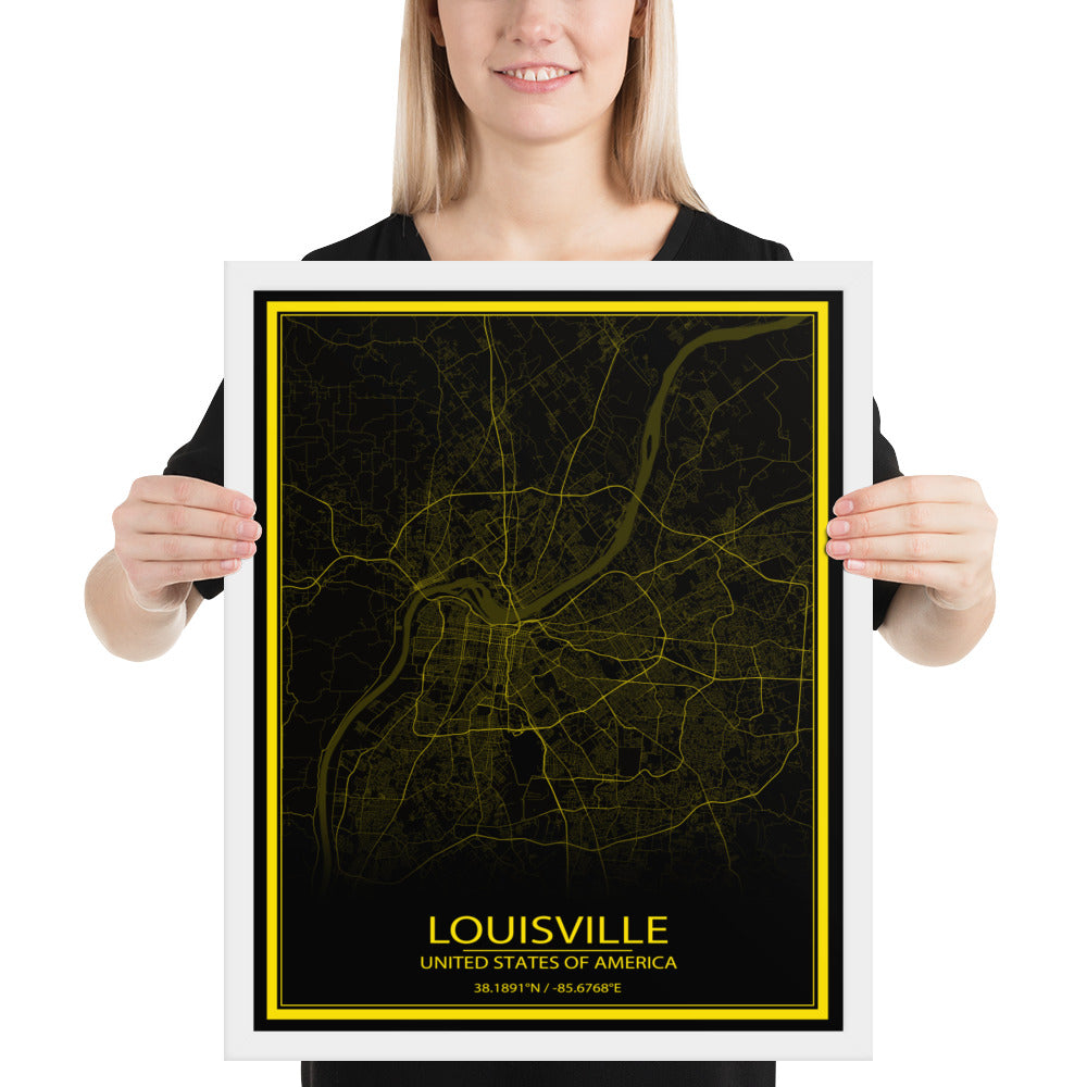 Louisville Black and Yellow Framed Map