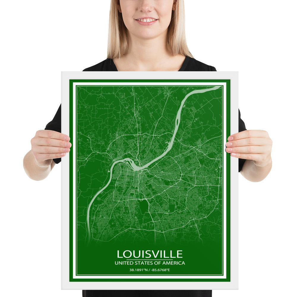 Louisville Green and White Framed Map