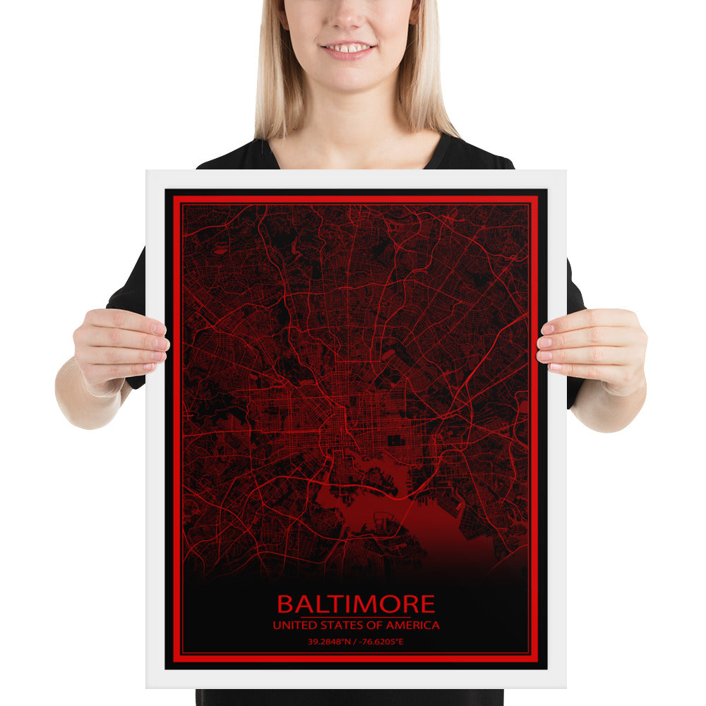 Baltimore Black and Red Framed Map