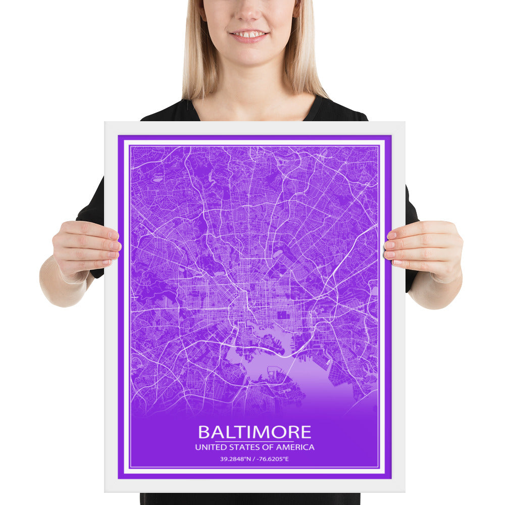 Baltimore Purple and White Framed Map