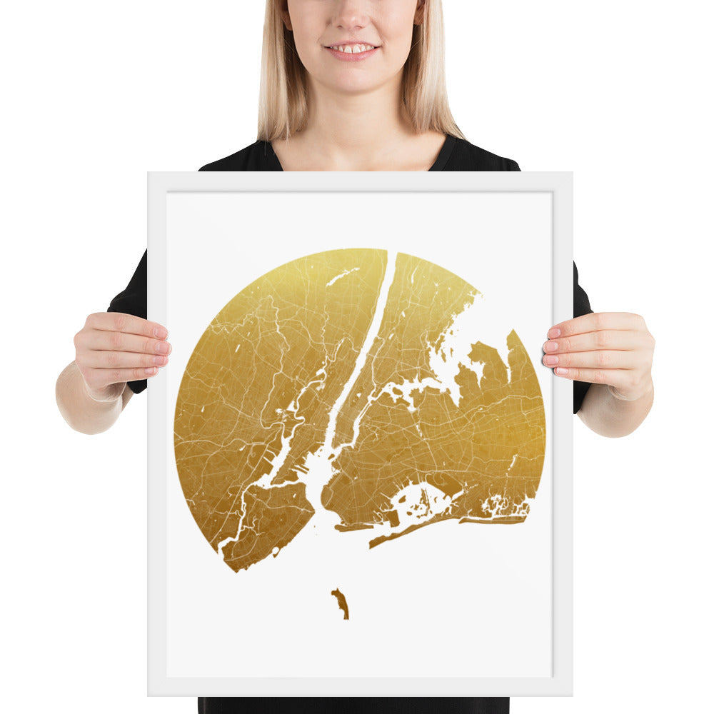 New York Gold on White Framed Map