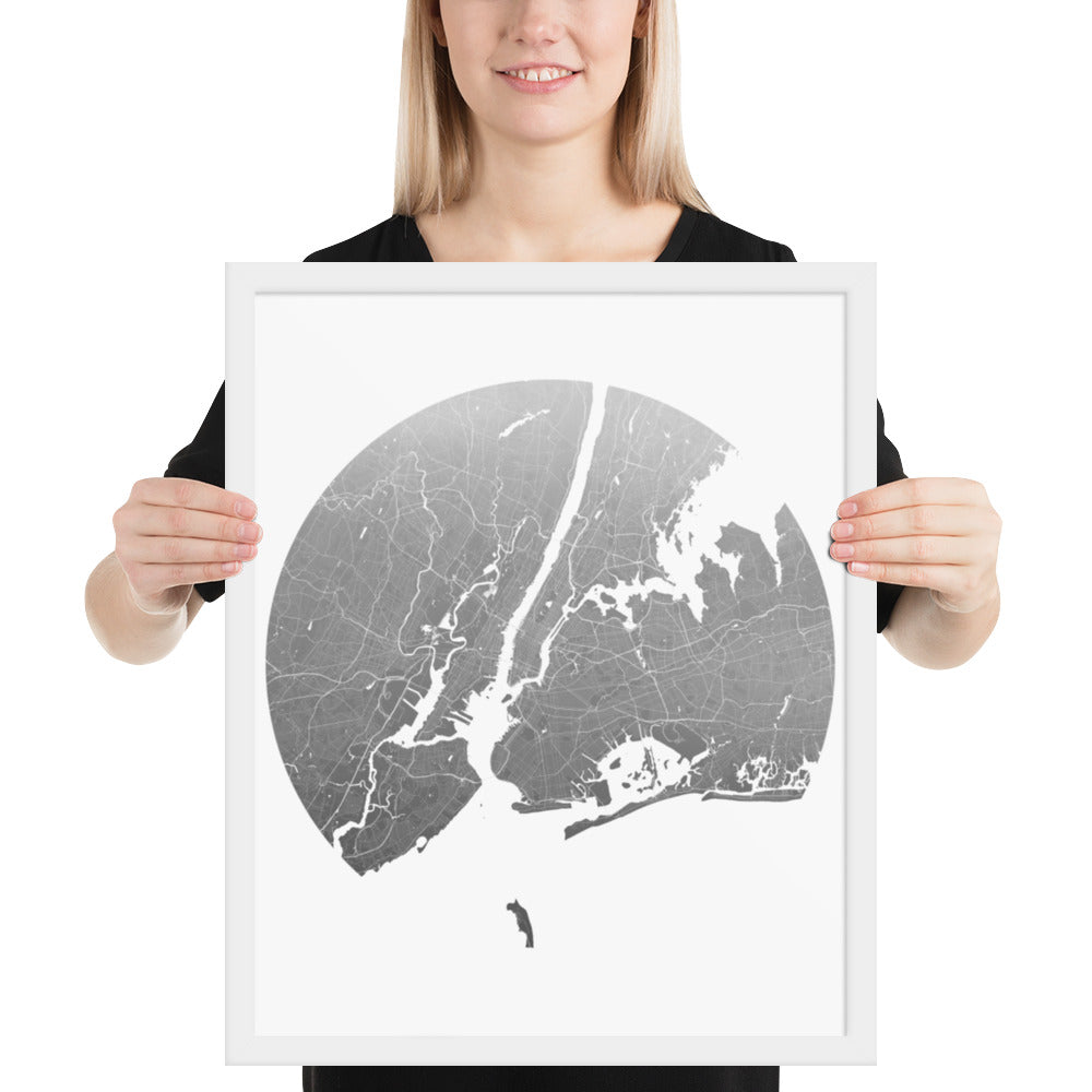 New York Silver on White Framed Map