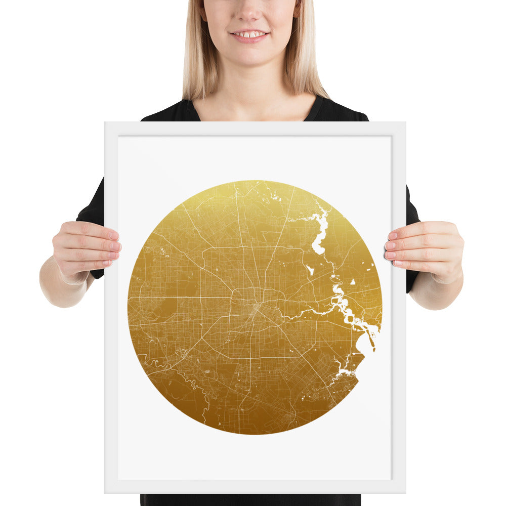 Houston Gold on White Framed Map