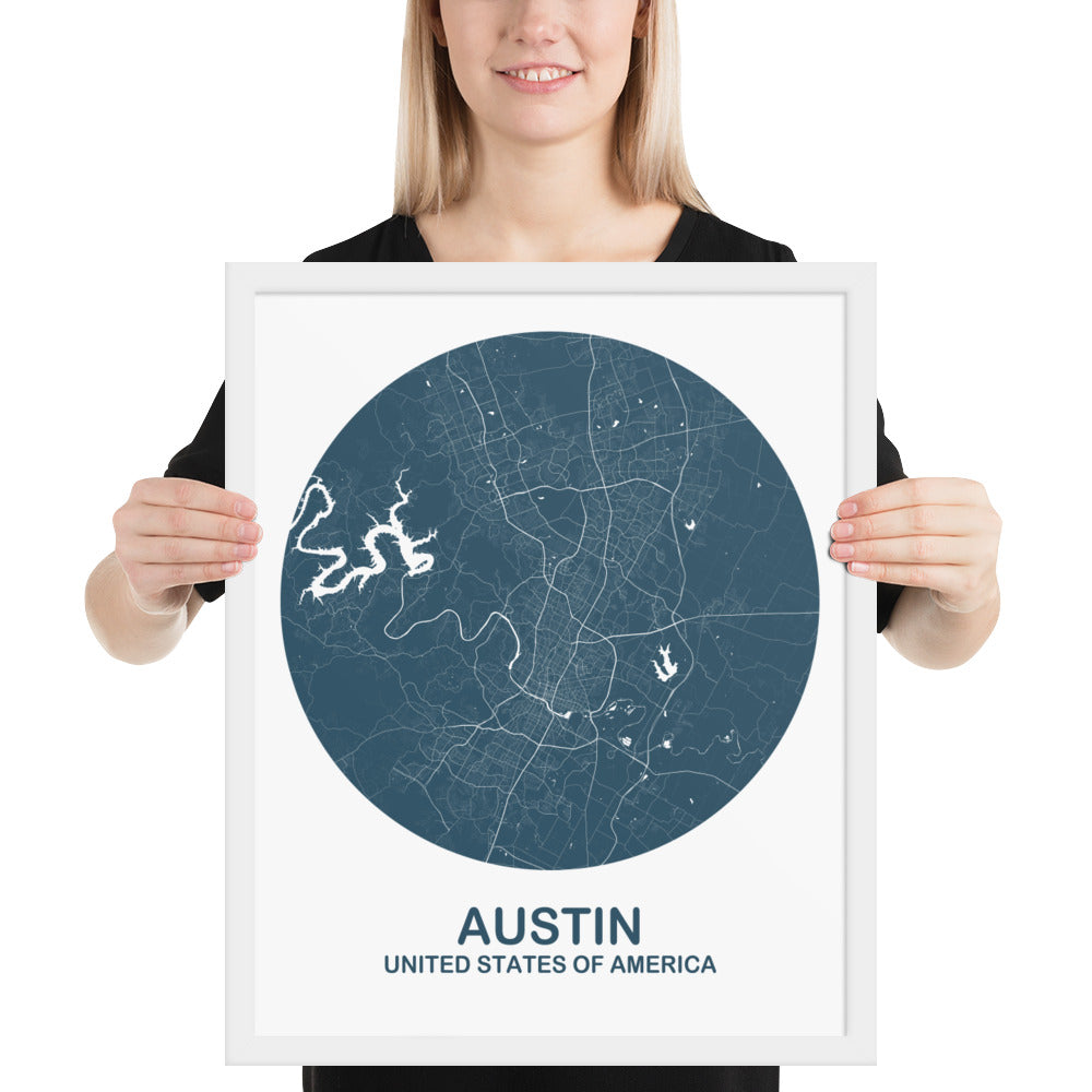 Austin Circular Blue Framed Map