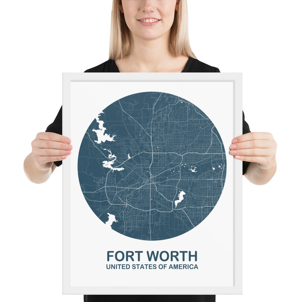 Fort Worth Circular Blue Framed Map