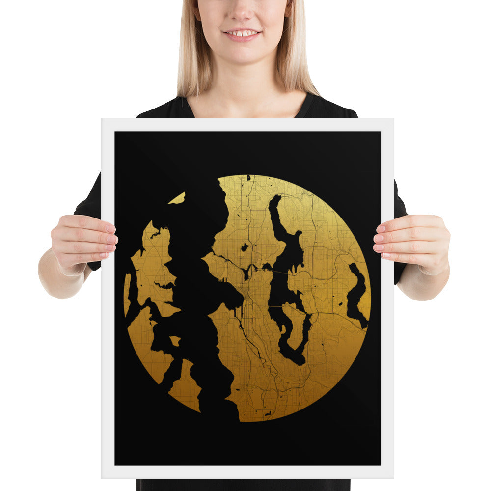 Seattle Gold on Black Framed Map