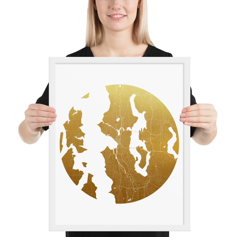 Seattle Gold on White Framed Map