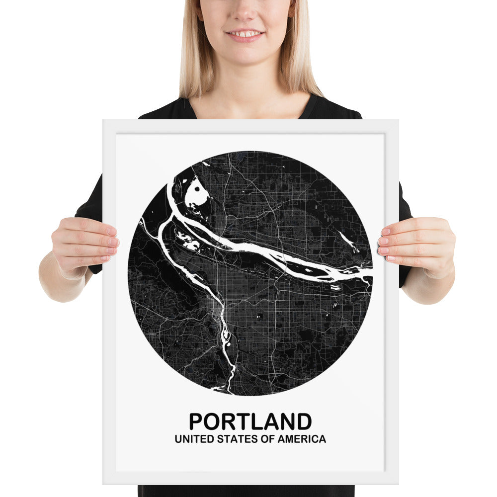 Portland Circular Black Framed Map