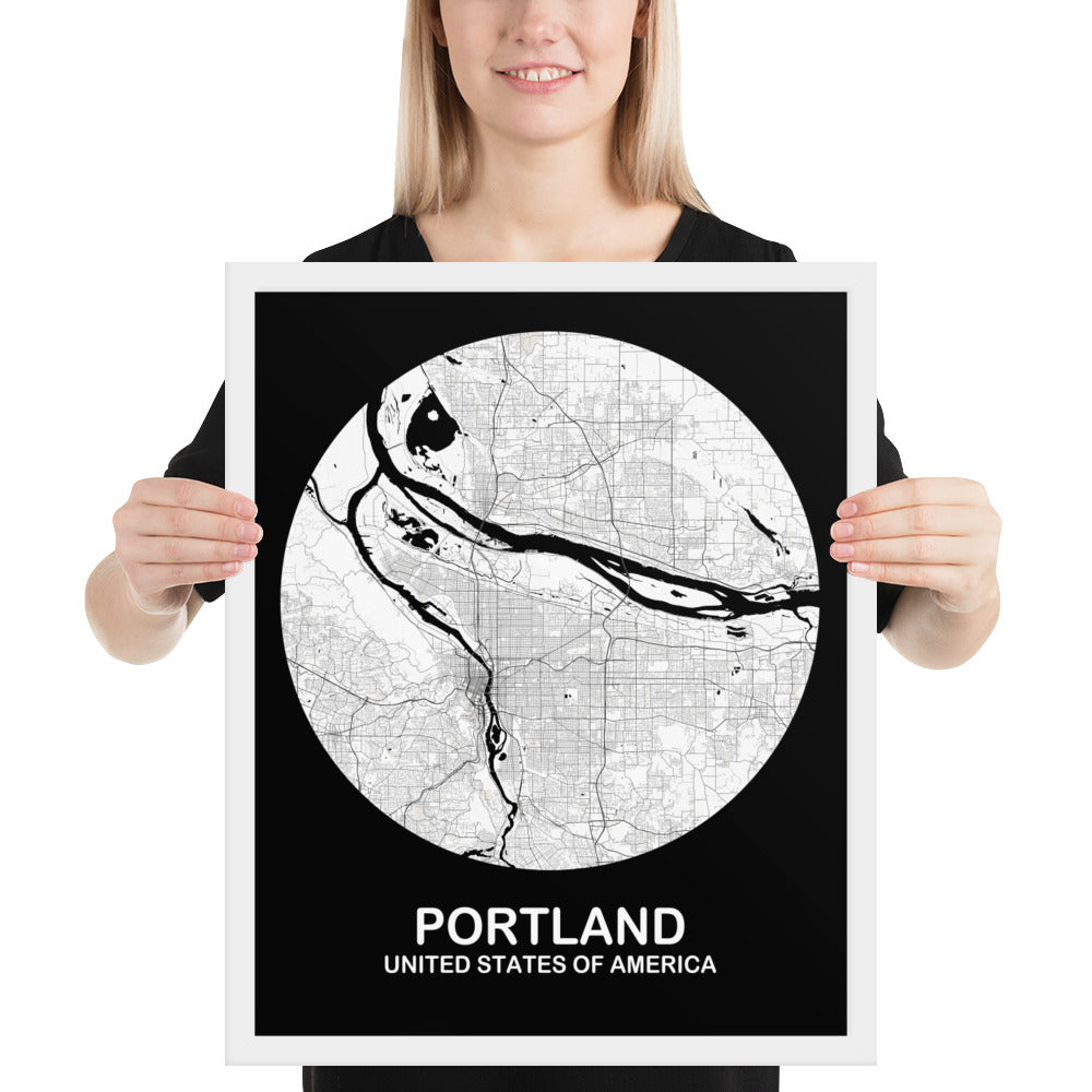 Portland Circular White Framed Map