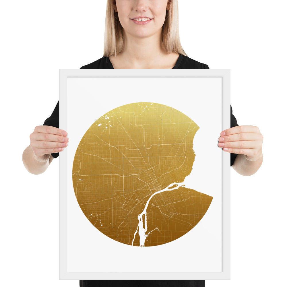 Detroit Gold on White Framed Map