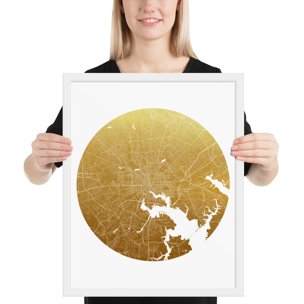 Baltimore Gold on White Framed Map