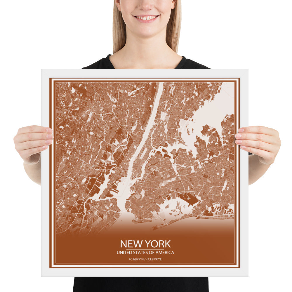 New York Brown and White Framed Map