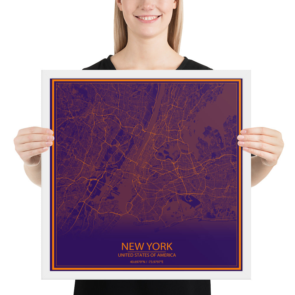 New York Purple and Orange Framed Map