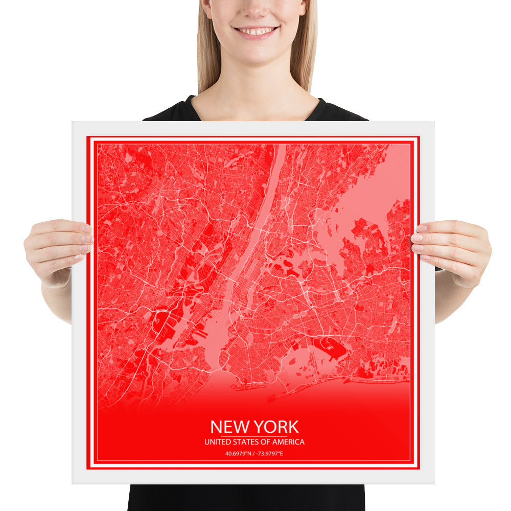 New York Red and White Framed Map