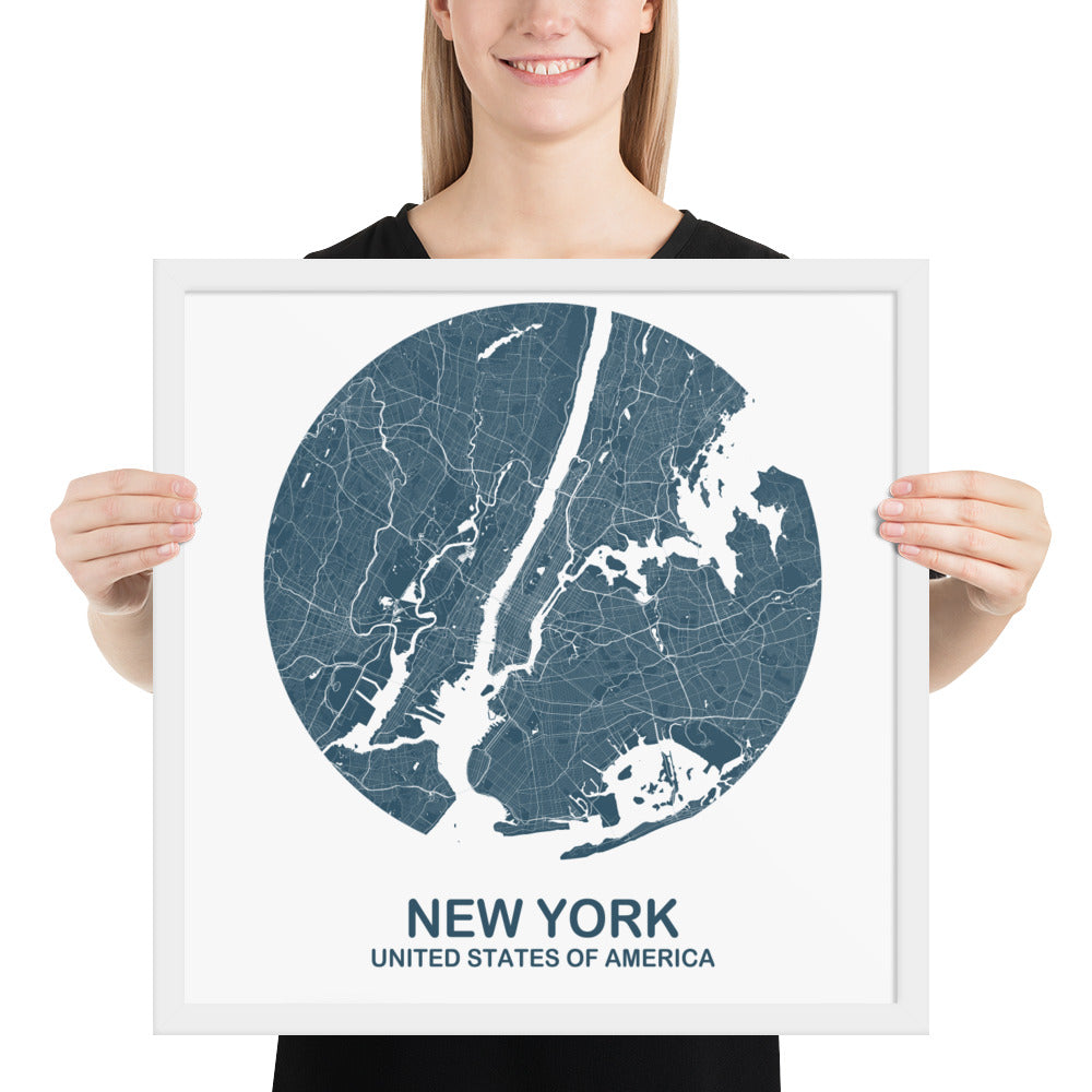 New York Circular Blue Framed Map