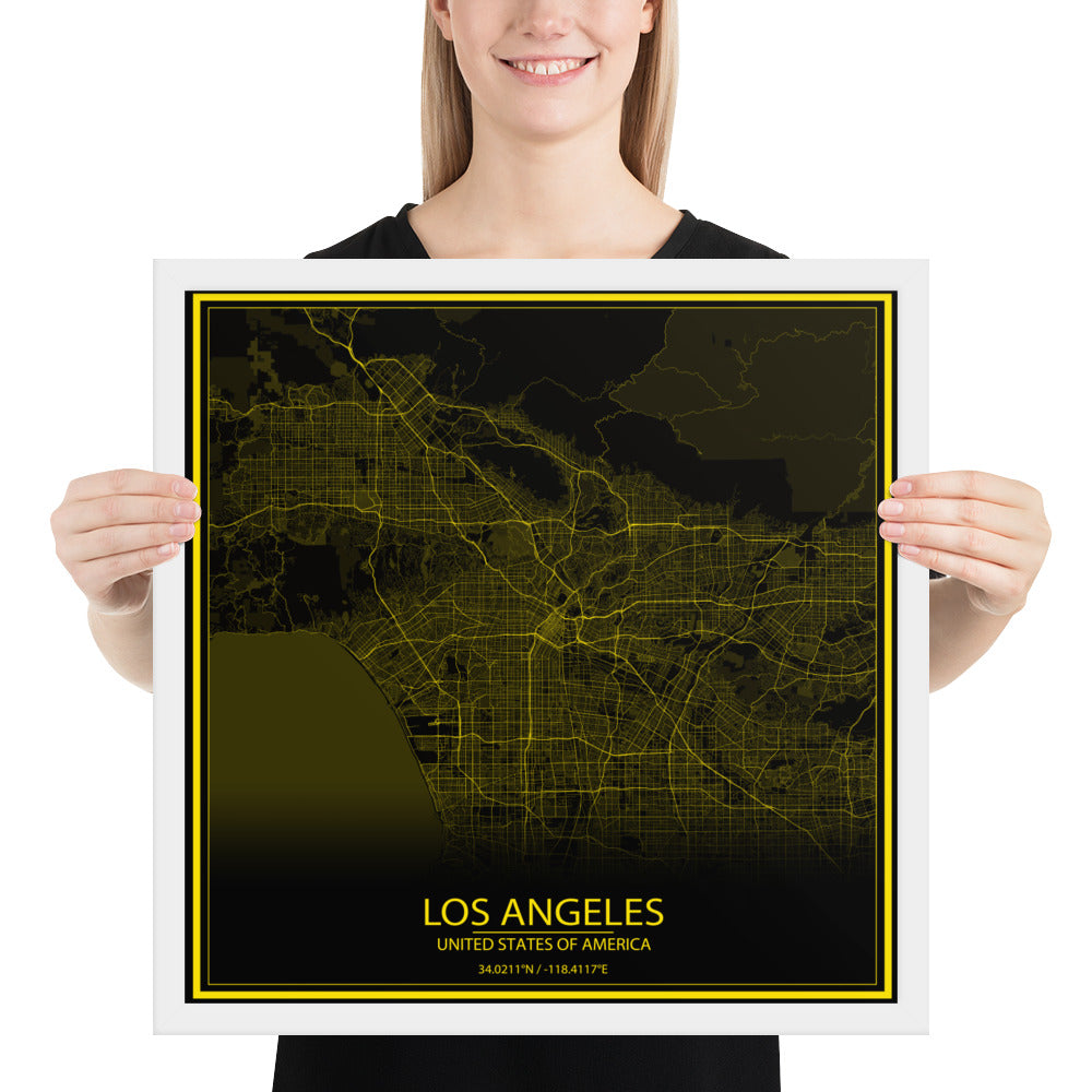 Los Angeles Black and Yellow Framed Map