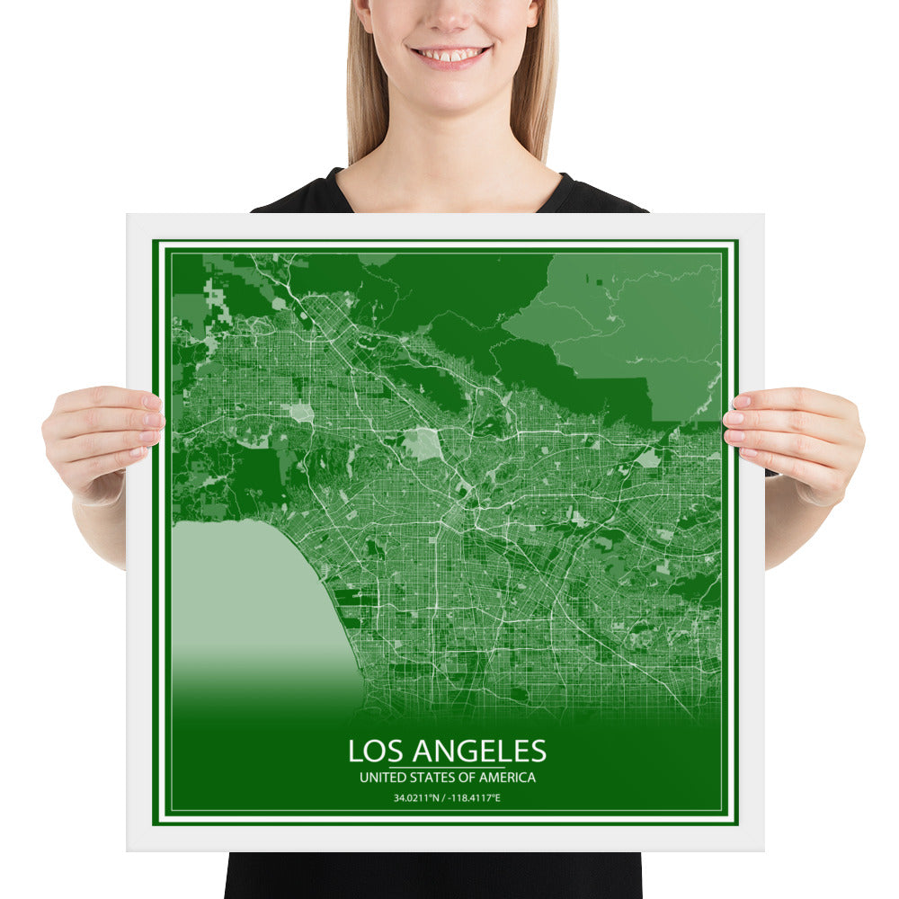 Los Angeles Green and White Framed Map