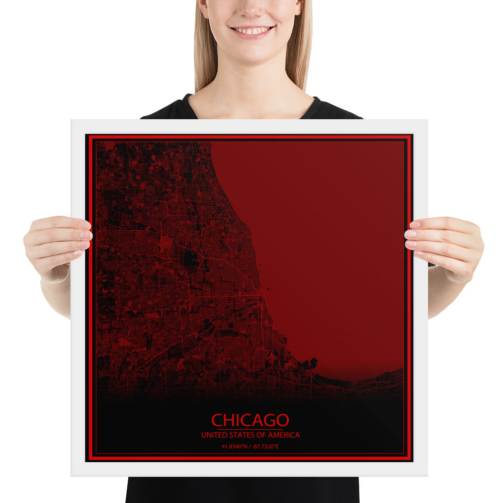 Chicago Black and Red Framed Map