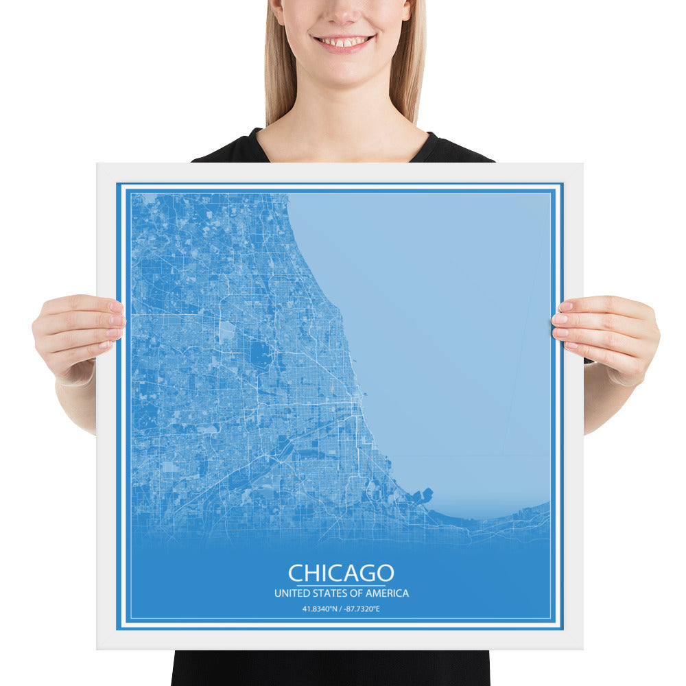 Chicago Blue and White Framed Map