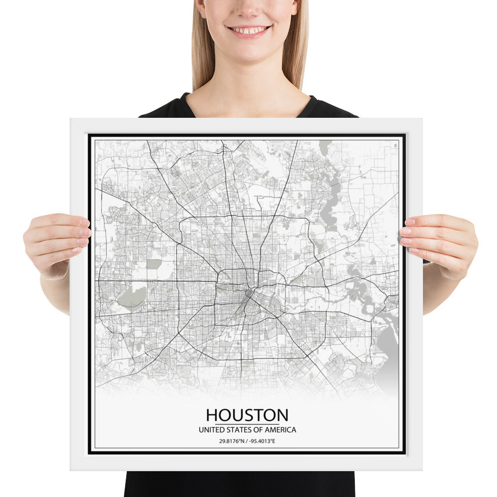 Houston White Framed Map