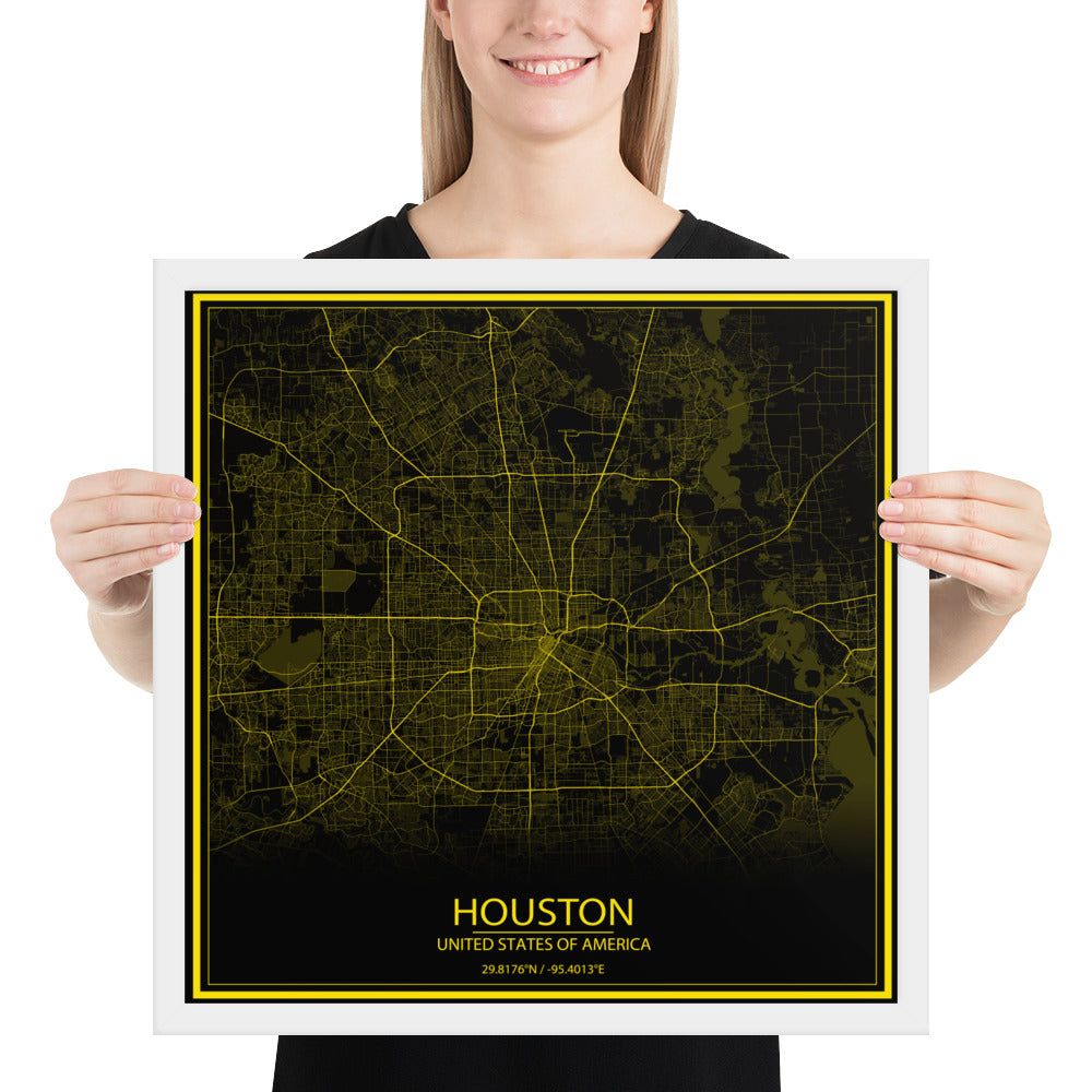 Houston Black and Yellow Framed Map