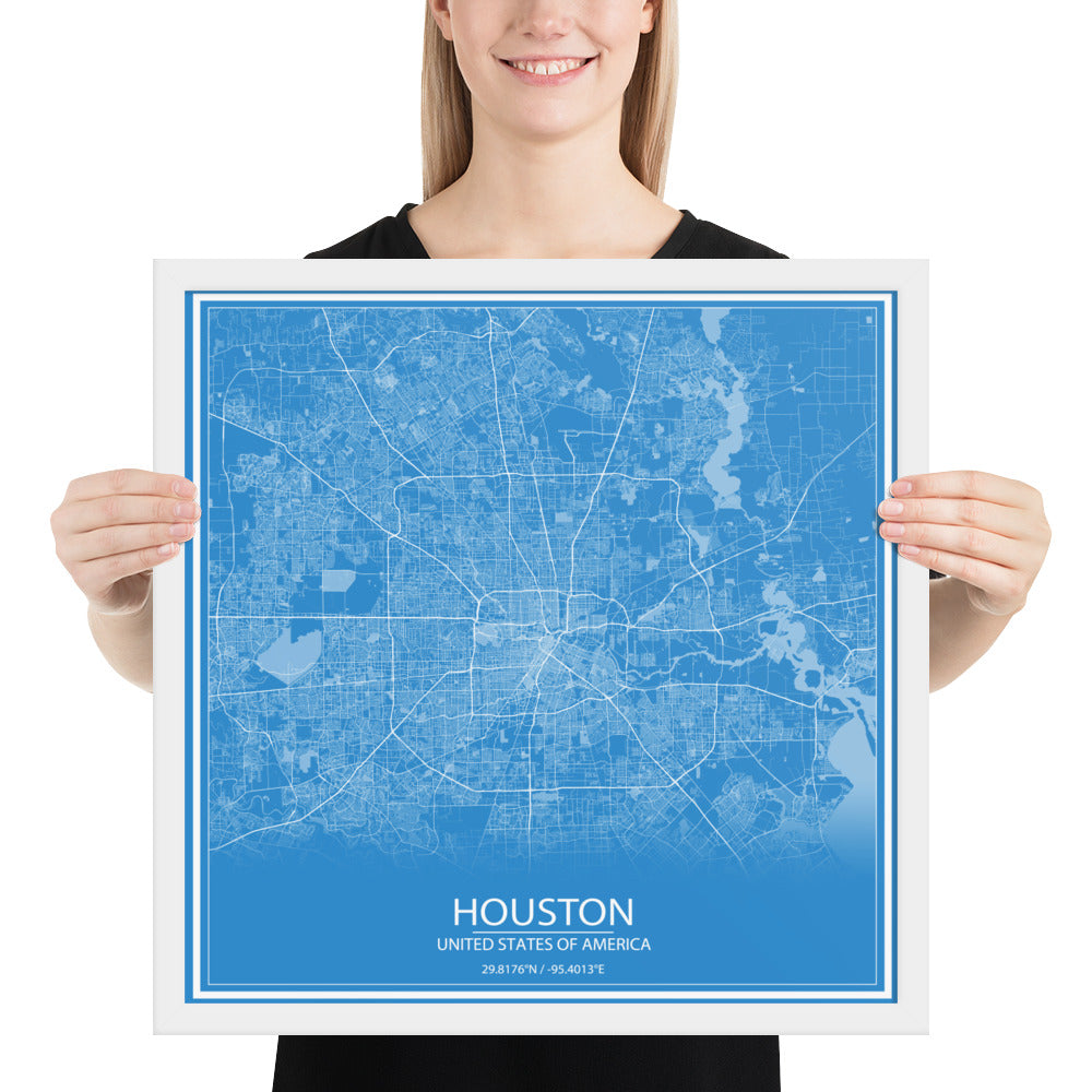 Houston Blue and White Framed Map