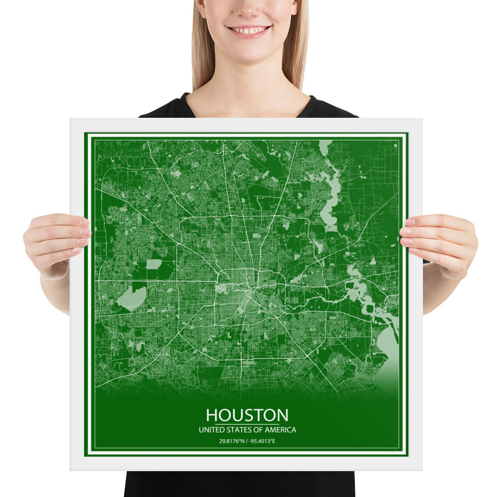 Houston Green and White Framed Map