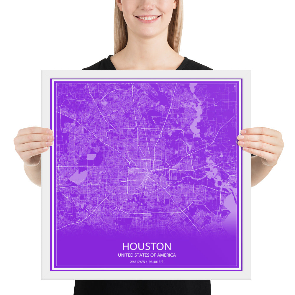 Houston Purple and White Framed Map