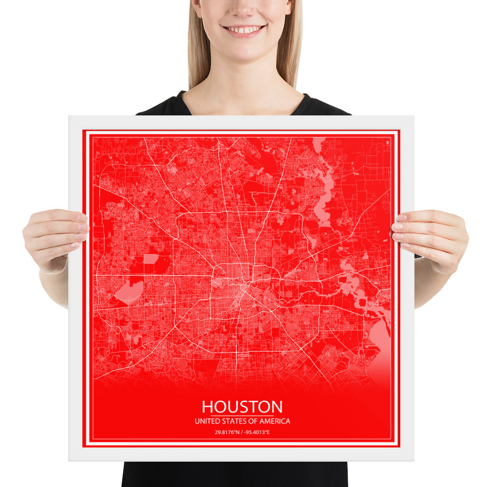 Houston Red and White Framed Map