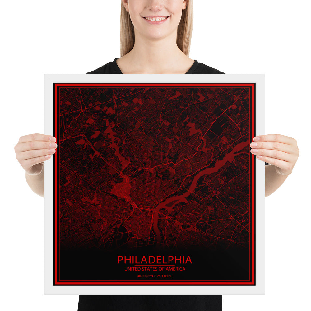 Philadelphia Black and Red Framed Map