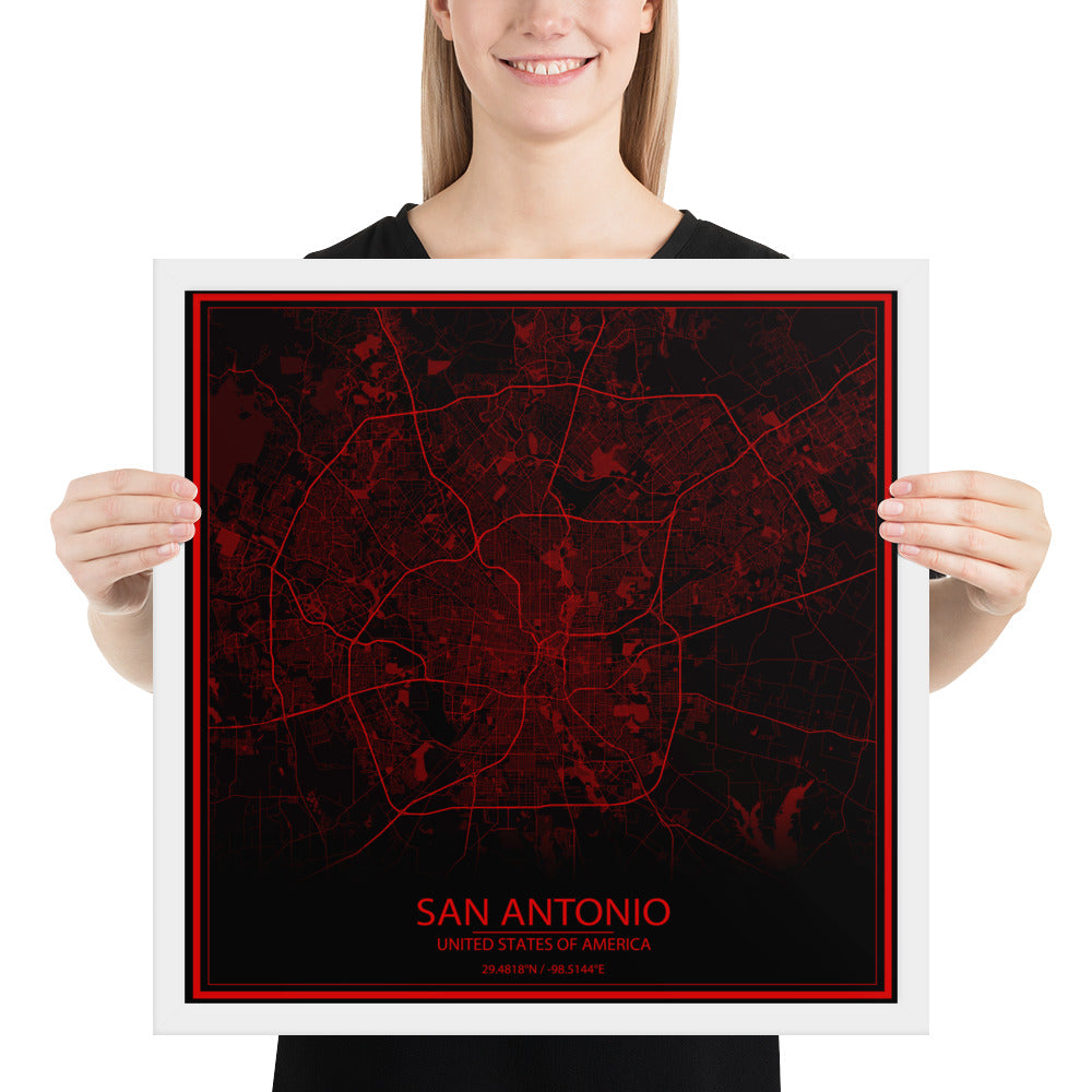 San Antonio Black and Red Framed Map